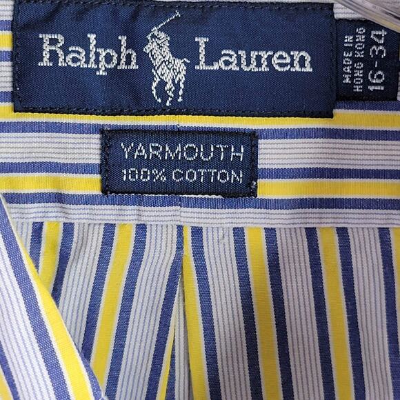 Polo Ralph Lauren Shirt Oxford Men's Large 16 Yellow Stripe Button Down Yarmouth - Picture 8 of 9